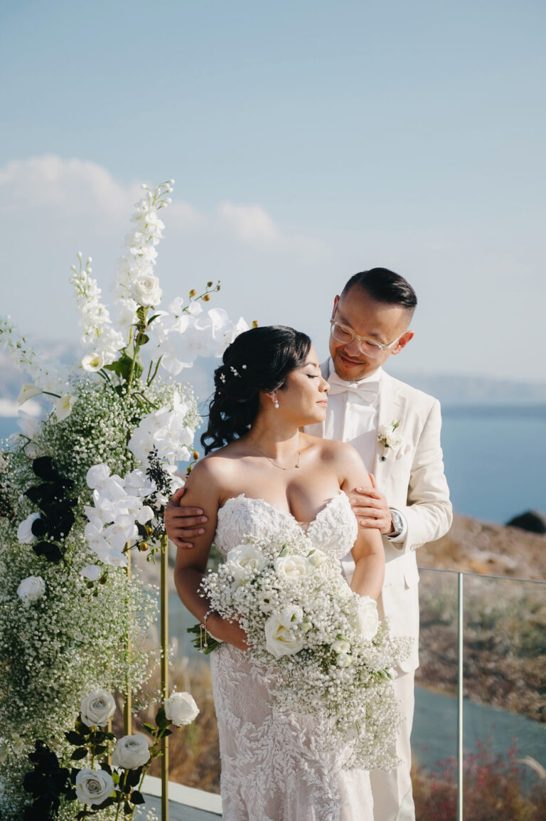 Joyful Santorini wedding journey with guests at Le Cote venue