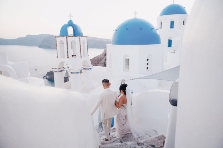 Joyful Santorini wedding journey with guests at Le Cote venue