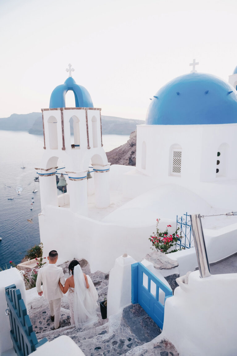 Joyful Santorini wedding journey with guests at Le Cote venue
