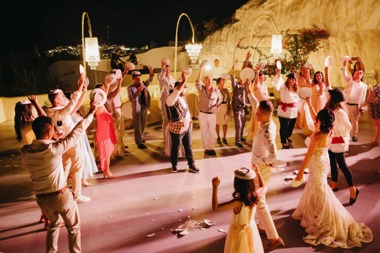 Joyful Santorini wedding journey with guests at Le Cote venue