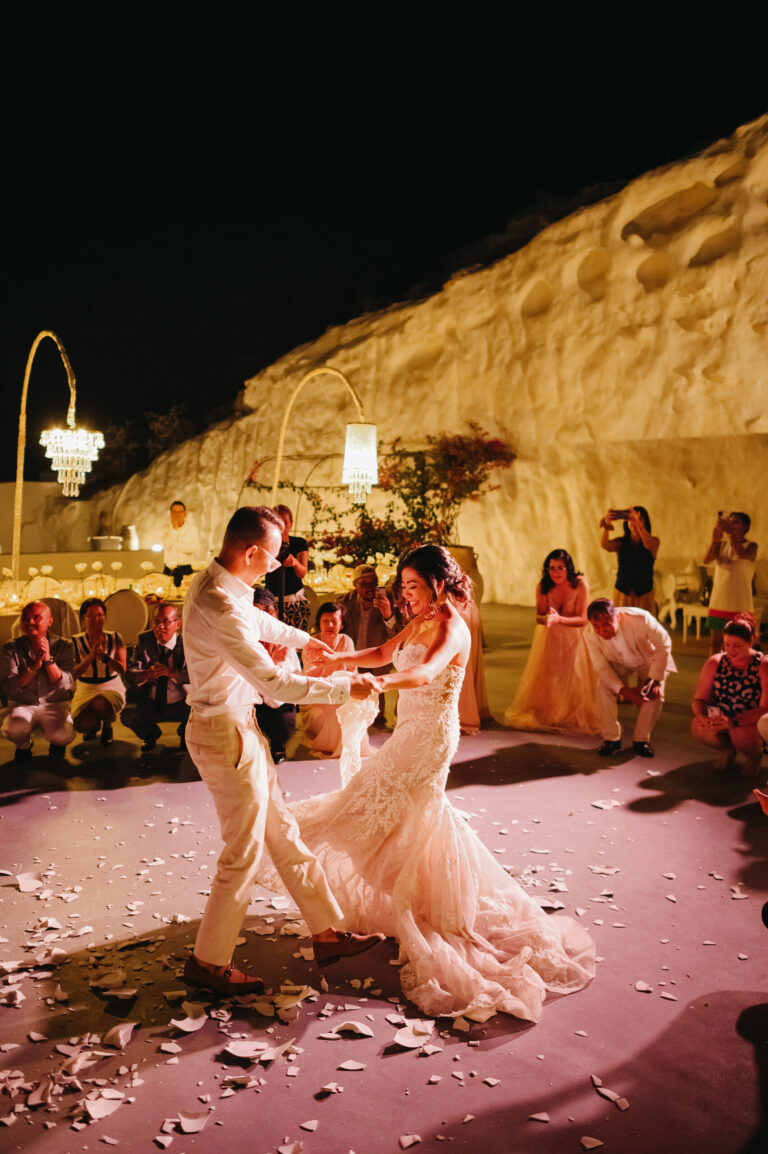 Joyful Santorini wedding journey with guests at Le Cote venue